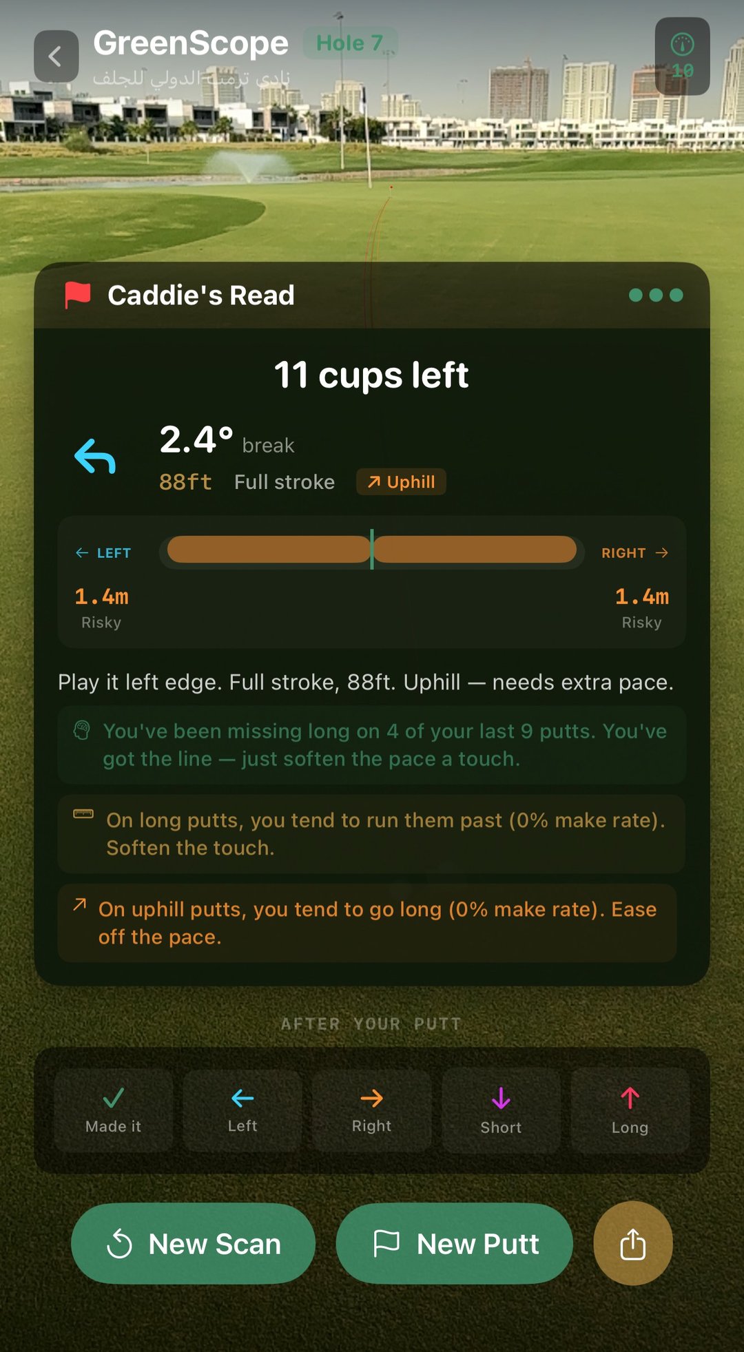 Real screenshot: GreenScope Caddie's Read showing personalized tendency callouts mid-round