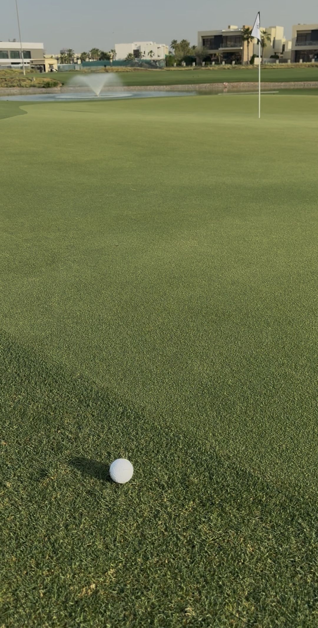 The putt as you see it — a golf ball on the green with the flag in the distance